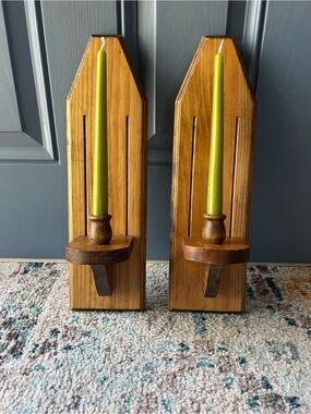 Vintage Pair Wood Wall Candle Sconces -  Cottage Core